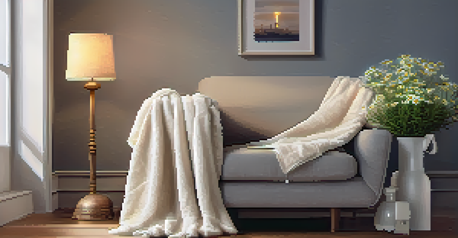 A cozy corner with an armchair, chamomile tea, and a bottle of chamomile essential oil.