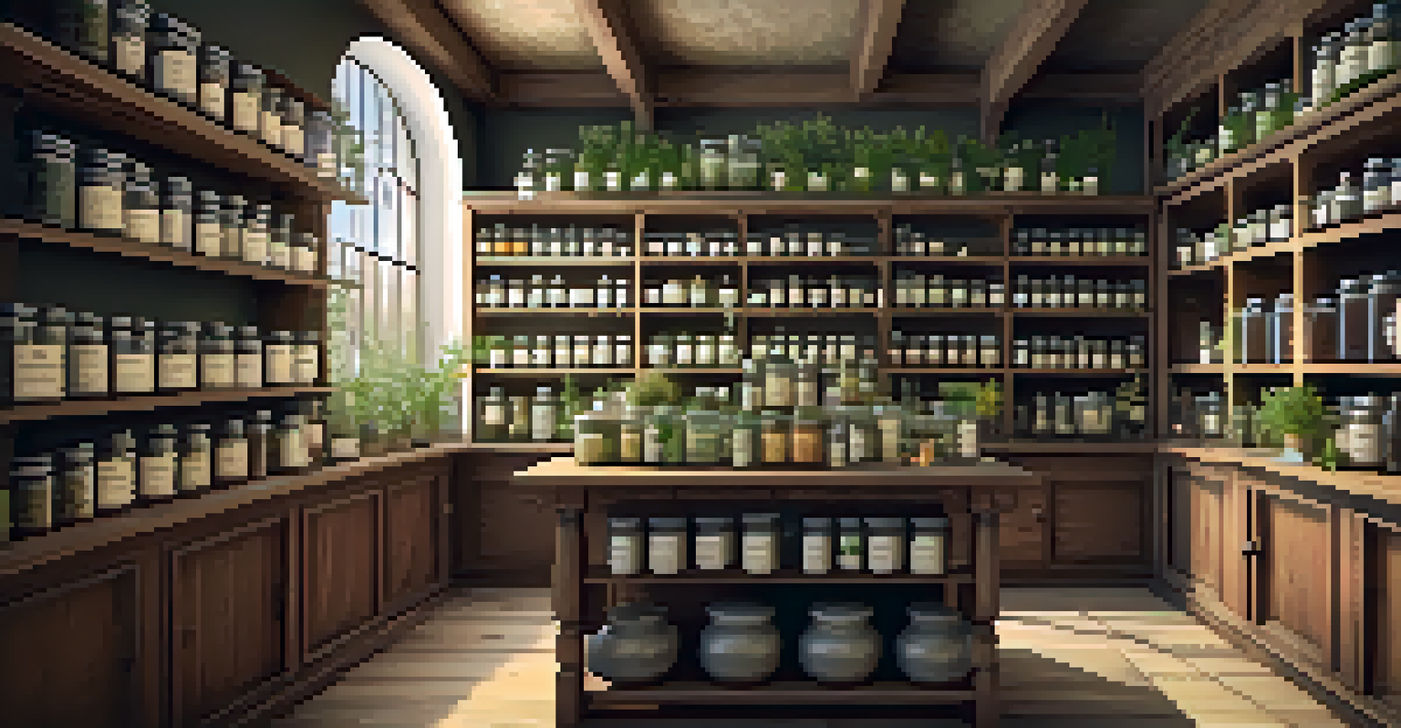 An herbal apothecary with jars of herbs and a cup of herbal tea, showcasing natural remedies.