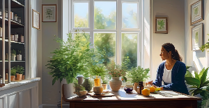 A naturopath consulting with a patient in a bright room filled with plants and herbal remedies, with fruits and herbal tea on the table.