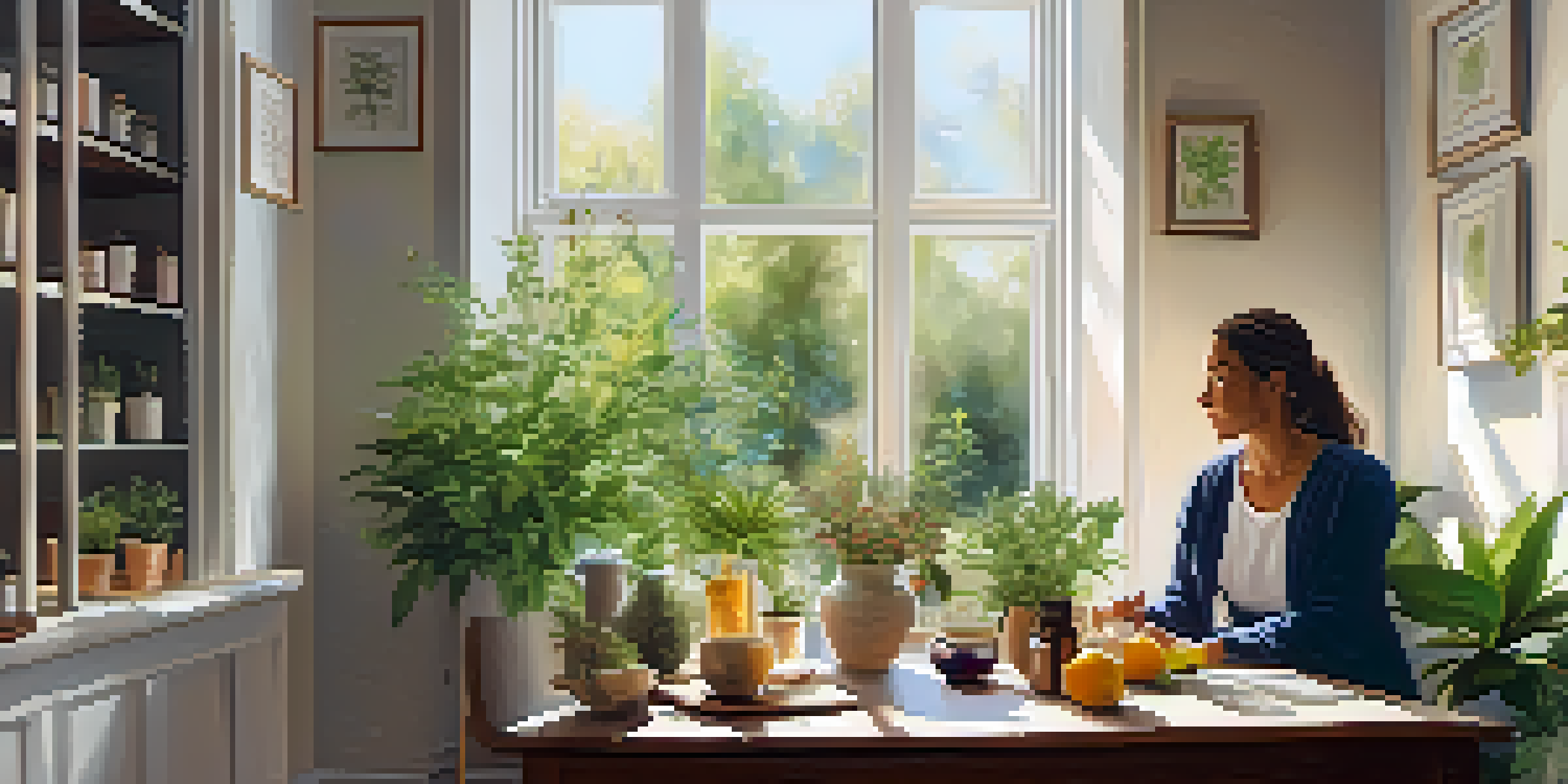 A naturopath consulting with a patient in a bright room filled with plants and herbal remedies, with fruits and herbal tea on the table.