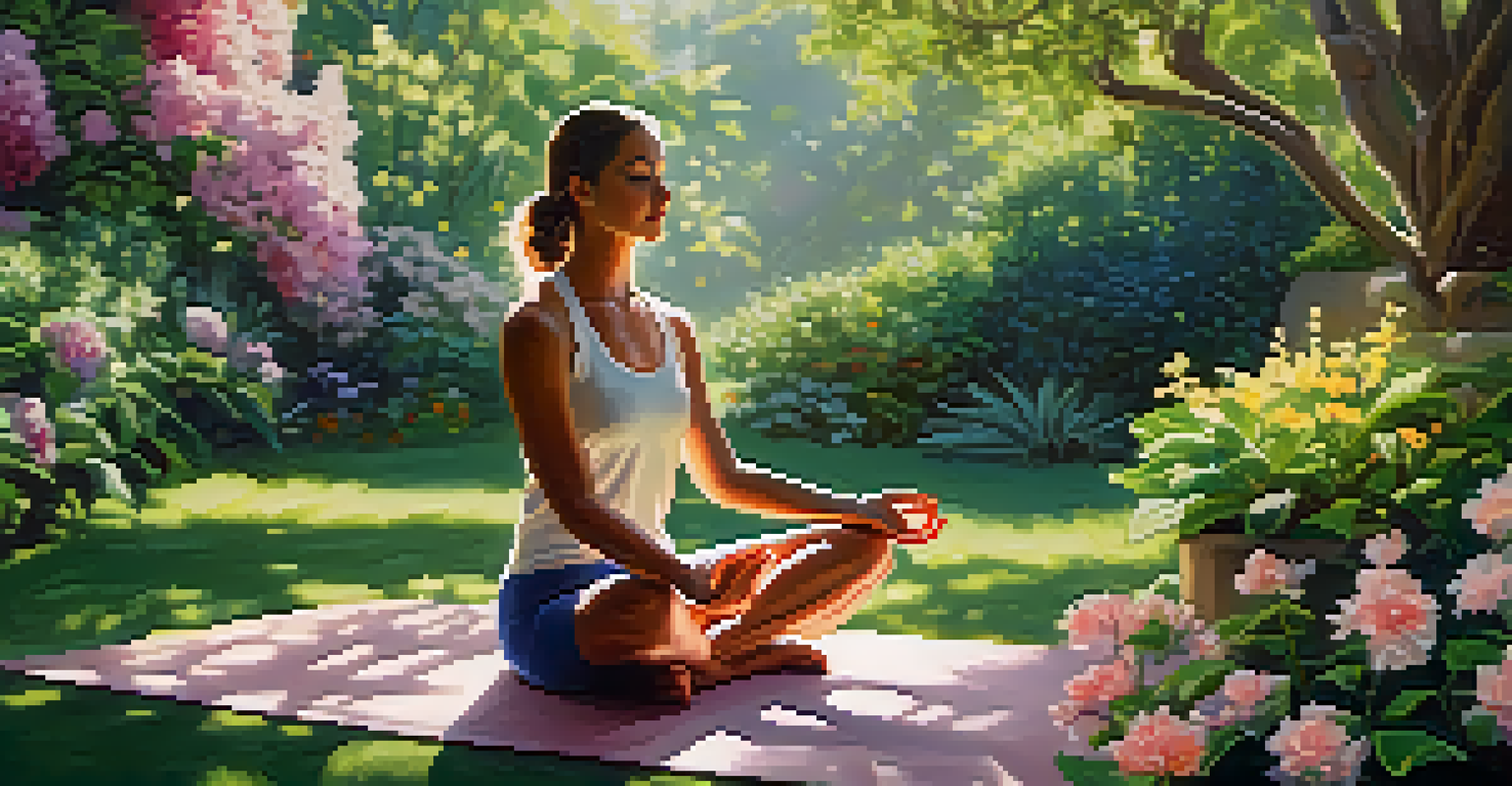 A person practicing yoga in a lush garden, surrounded by flowers and greenery, conveying relaxation and mindfulness.