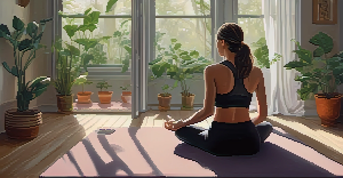A person sitting cross-legged on a yoga mat, practicing breathing techniques in a serene indoor setting filled with plants and soft sunlight.