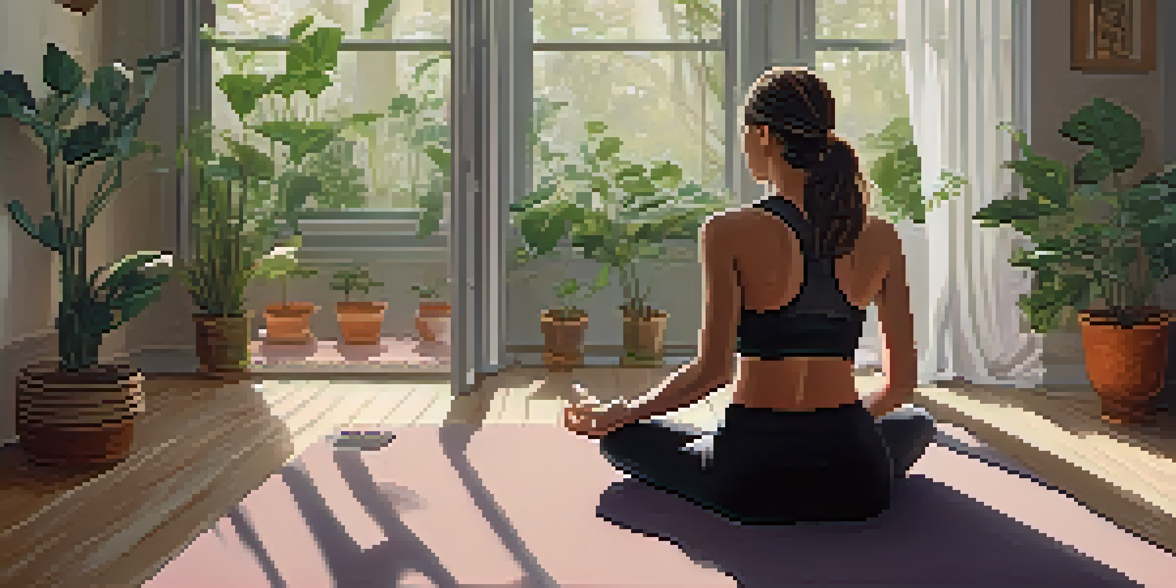 A person sitting cross-legged on a yoga mat, practicing breathing techniques in a serene indoor setting filled with plants and soft sunlight.