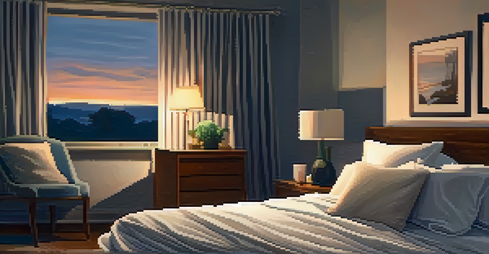 A serene bedroom with a neatly made bed, warm lighting, and soft decor.