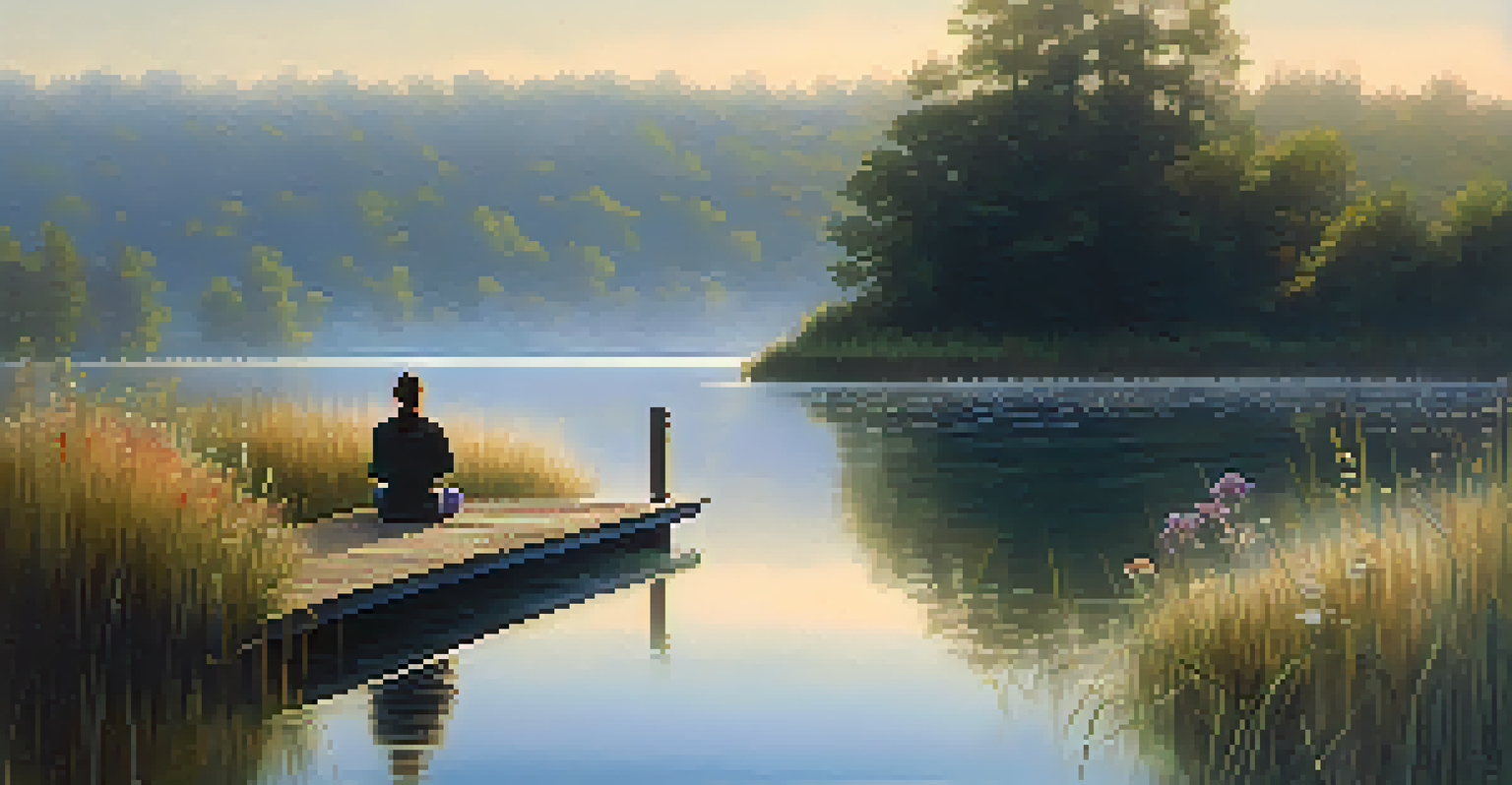 A tranquil lakeside scene at dawn with a person practicing yoga on a dock, surrounded by mist and natural beauty.