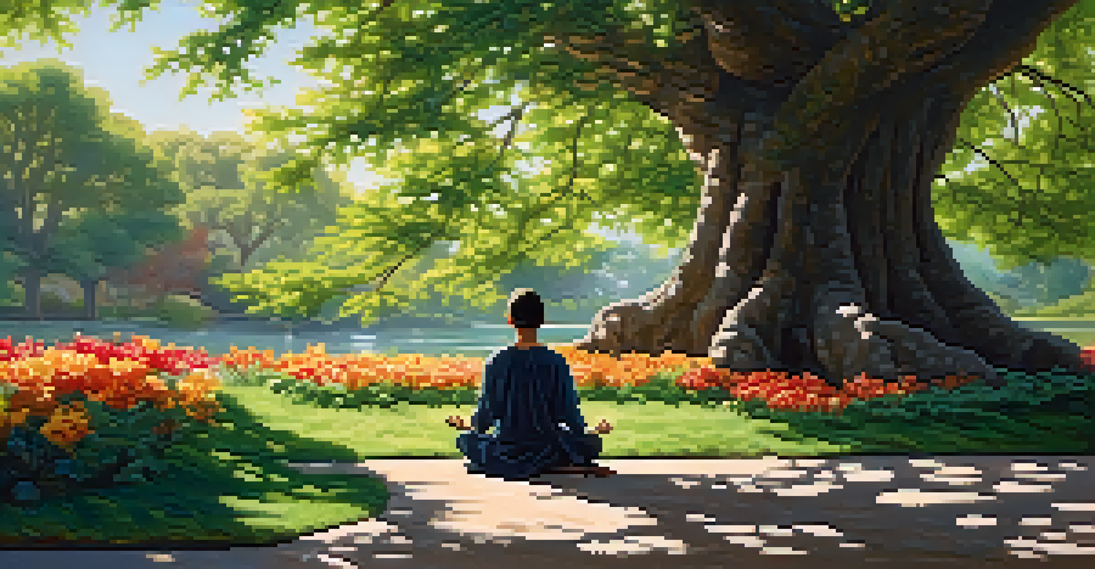 A person meditating under a tree in a serene outdoor setting filled with greenery and flowers.