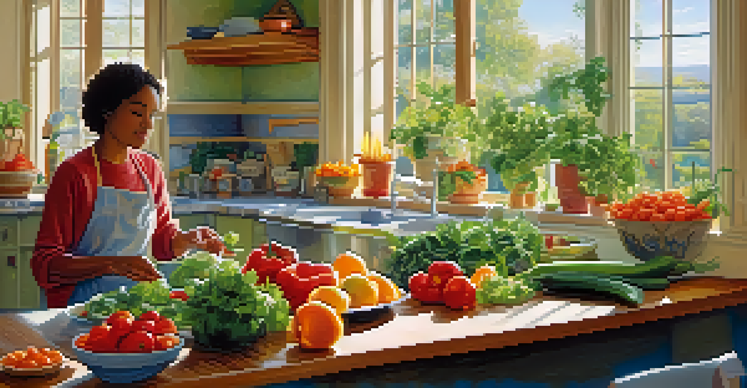 A kitchen scene with a person preparing a nutritious salad using fresh vegetables, with colorful fruits on the countertop and sunlight streaming through the window.