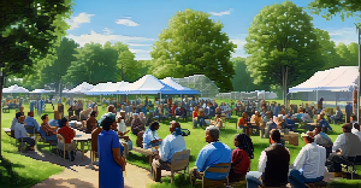 A diverse group of people in a park discussing sustainable farming practices, with banners promoting organic farming and the sun shining in a blue sky.