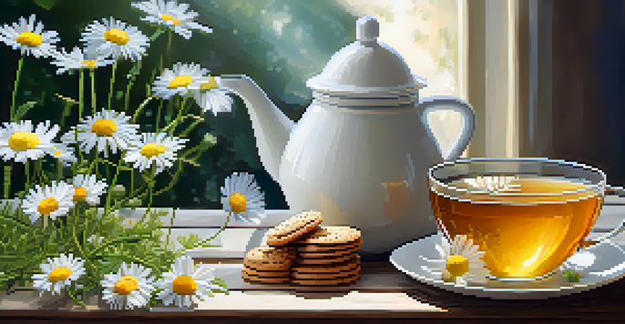 A calming tableau of a cup of chamomile tea, fresh flowers, honey, and herbal biscuits on a wooden table, illuminated by warm light.
