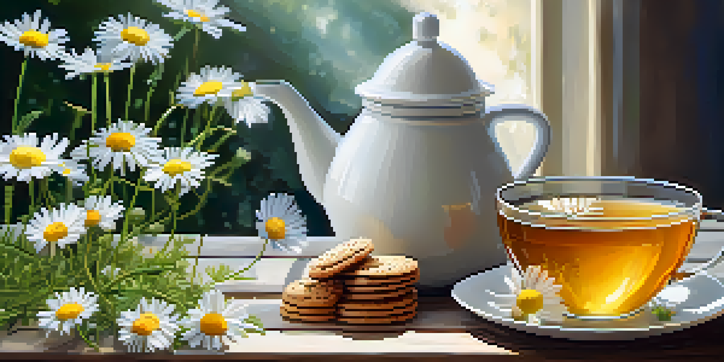 A calming tableau of a cup of chamomile tea, fresh flowers, honey, and herbal biscuits on a wooden table, illuminated by warm light.