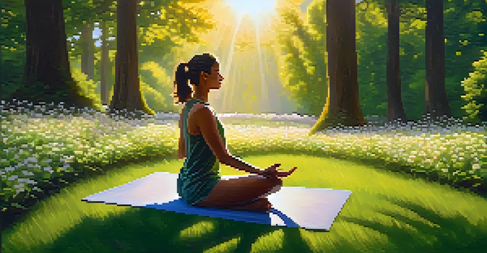 A person practicing yoga in a tranquil park during sunset, surrounded by nature.