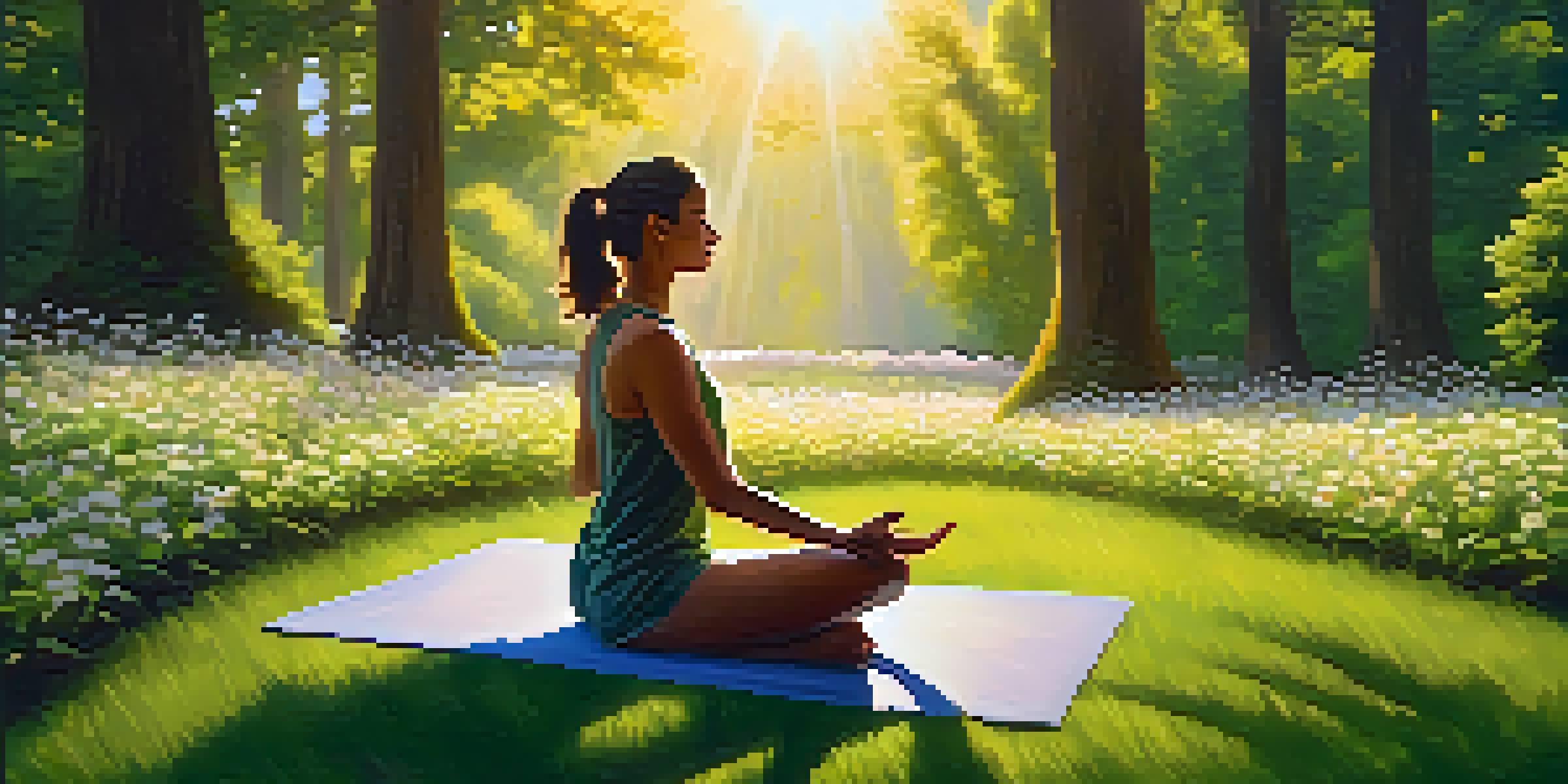 A person practicing yoga in a tranquil park during sunset, surrounded by nature.