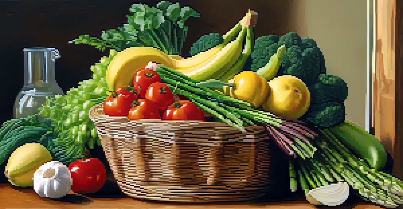 A basket filled with fresh fruits and vegetables like garlic, bananas, and asparagus, set in a sunlit kitchen.