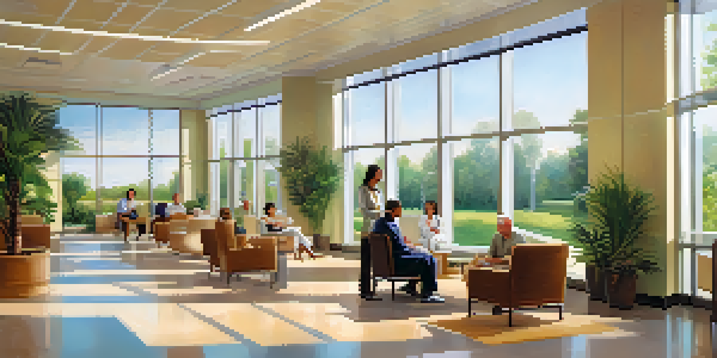 A modern healthcare facility with diverse patients and providers interacting in a bright waiting room with plants.