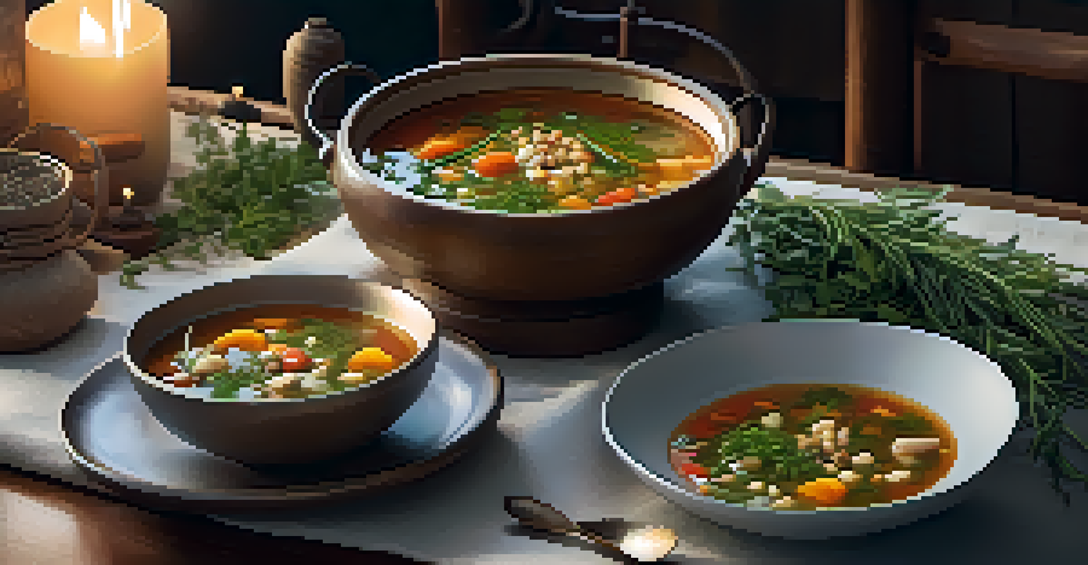 A beautifully arranged dining table with steaming vegetable soup and herbs, illuminated by candlelight.