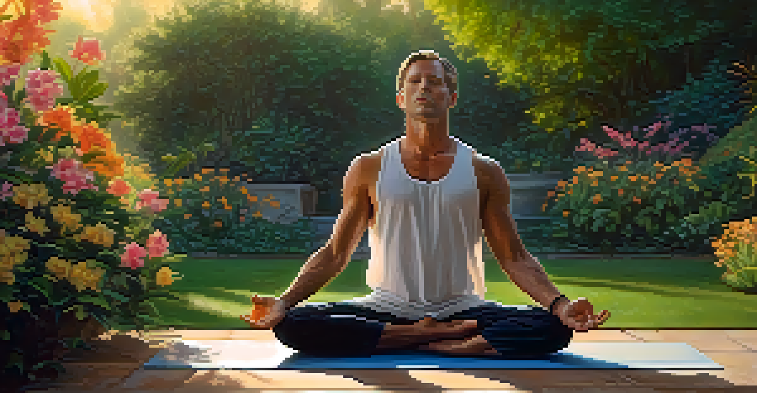 A man practicing yoga in a tranquil garden during sunset, surrounded by vibrant flowers and greenery, in a meditative pose.