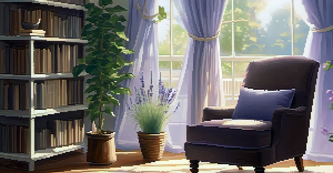 A calming room with a diffuser, glowing light, plants, and a cozy armchair, evoking relaxation.