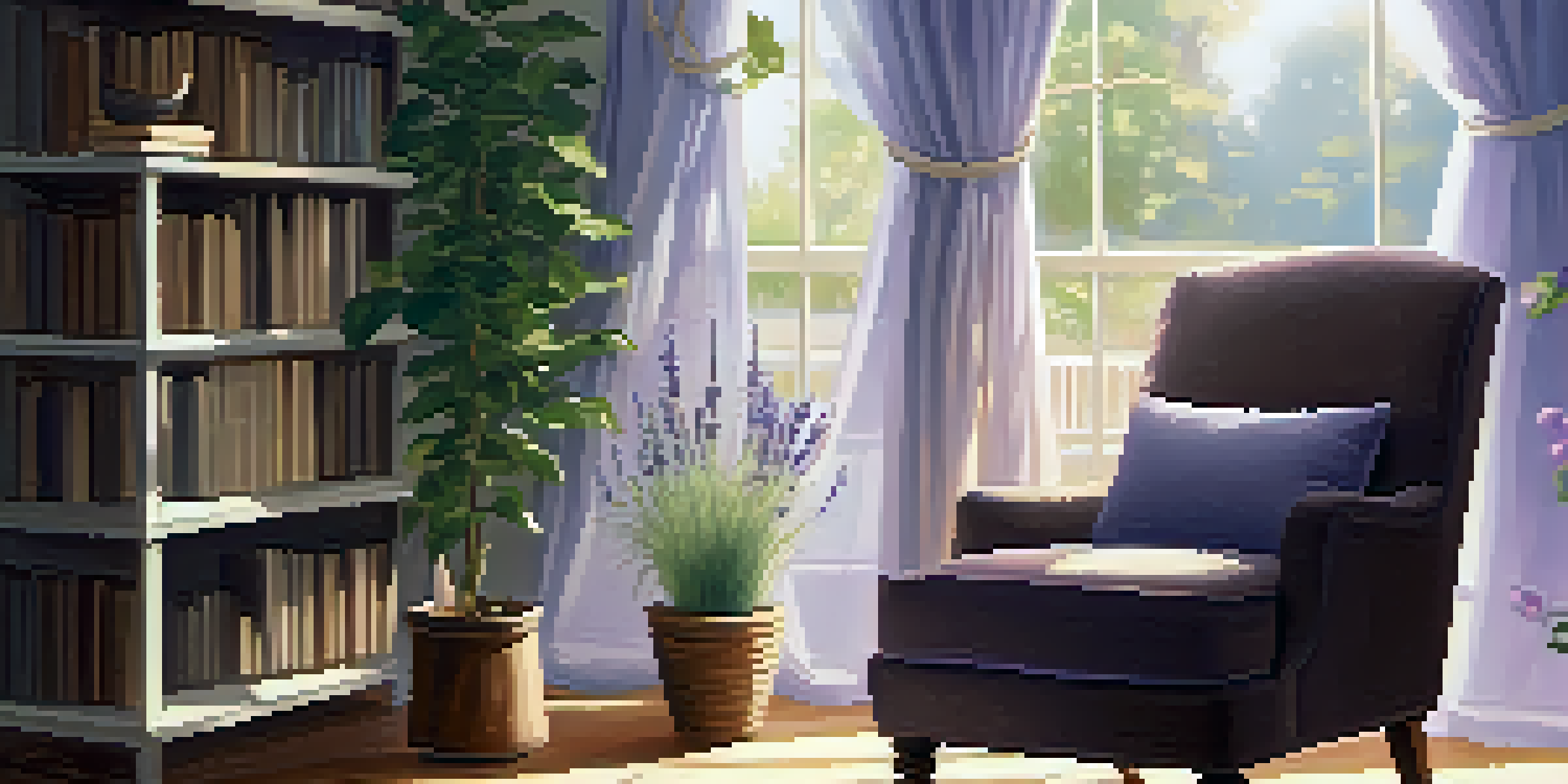 A calming room with a diffuser, glowing light, plants, and a cozy armchair, evoking relaxation.