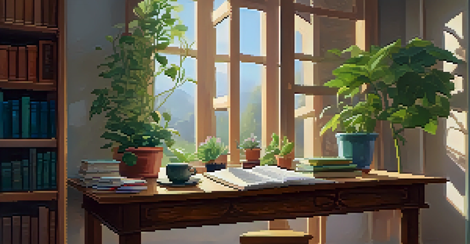 A cozy study area with a wooden desk, open books, sticky notes, a cup of herbal tea, and sunlight streaming through a window with indoor plants nearby.