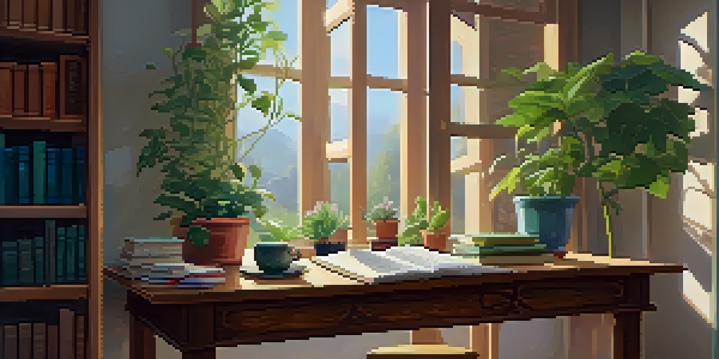 A cozy study area with a wooden desk, open books, sticky notes, a cup of herbal tea, and sunlight streaming through a window with indoor plants nearby.