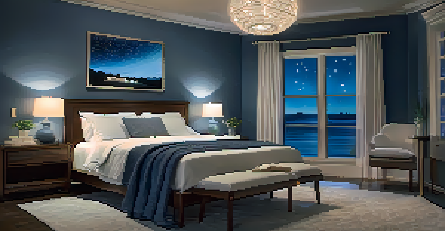 A calming bedroom with a cozy bed, soft linens, and a starry night sky visible through the window.
