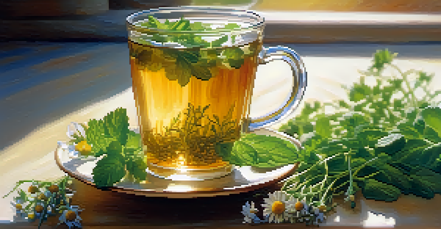 A glass of herbal tea with mint and chamomile on a wooden table, surrounded by fresh herbs.