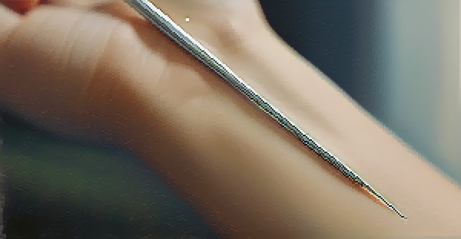 A close-up of an acupuncture needle on a wrist in a calming clinic setting.