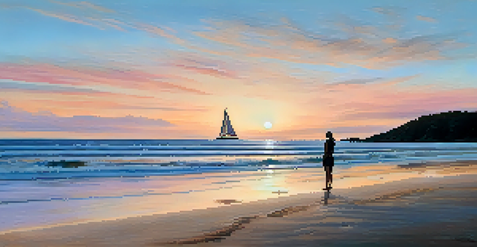 A person sitting cross-legged on a beach at sunset, practicing visualization.