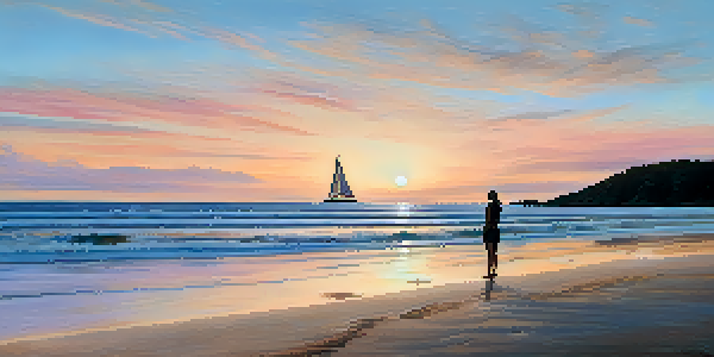 A person sitting cross-legged on a beach at sunset, practicing visualization.