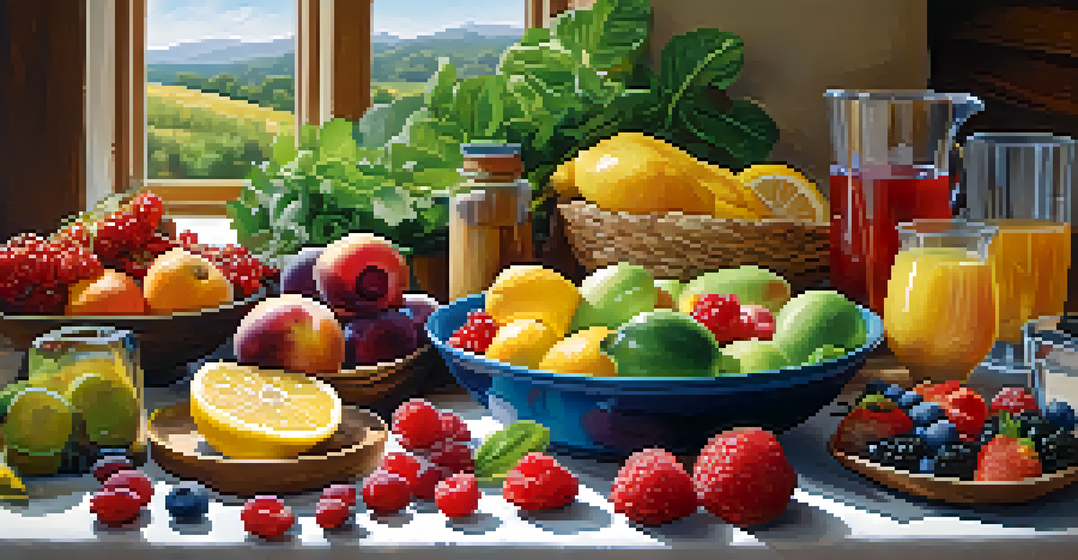 A colorful assortment of fresh fruits, vegetables, and whole foods arranged on a wooden table, emphasizing healthy eating.