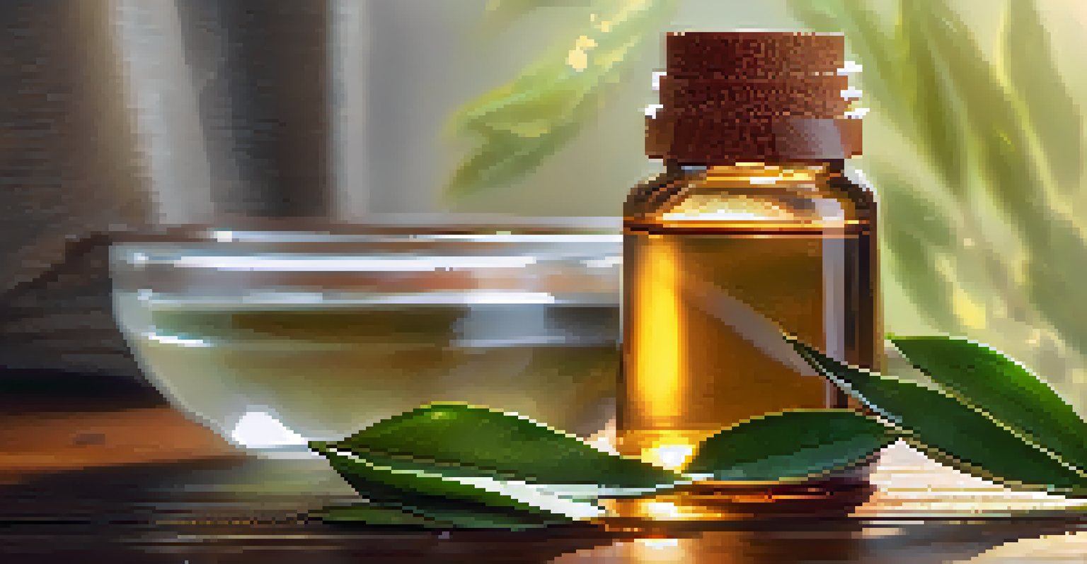 A hand holding a bottle of tea tree essential oil with fresh tea tree leaves and sunlight creating a warm glow in the background.