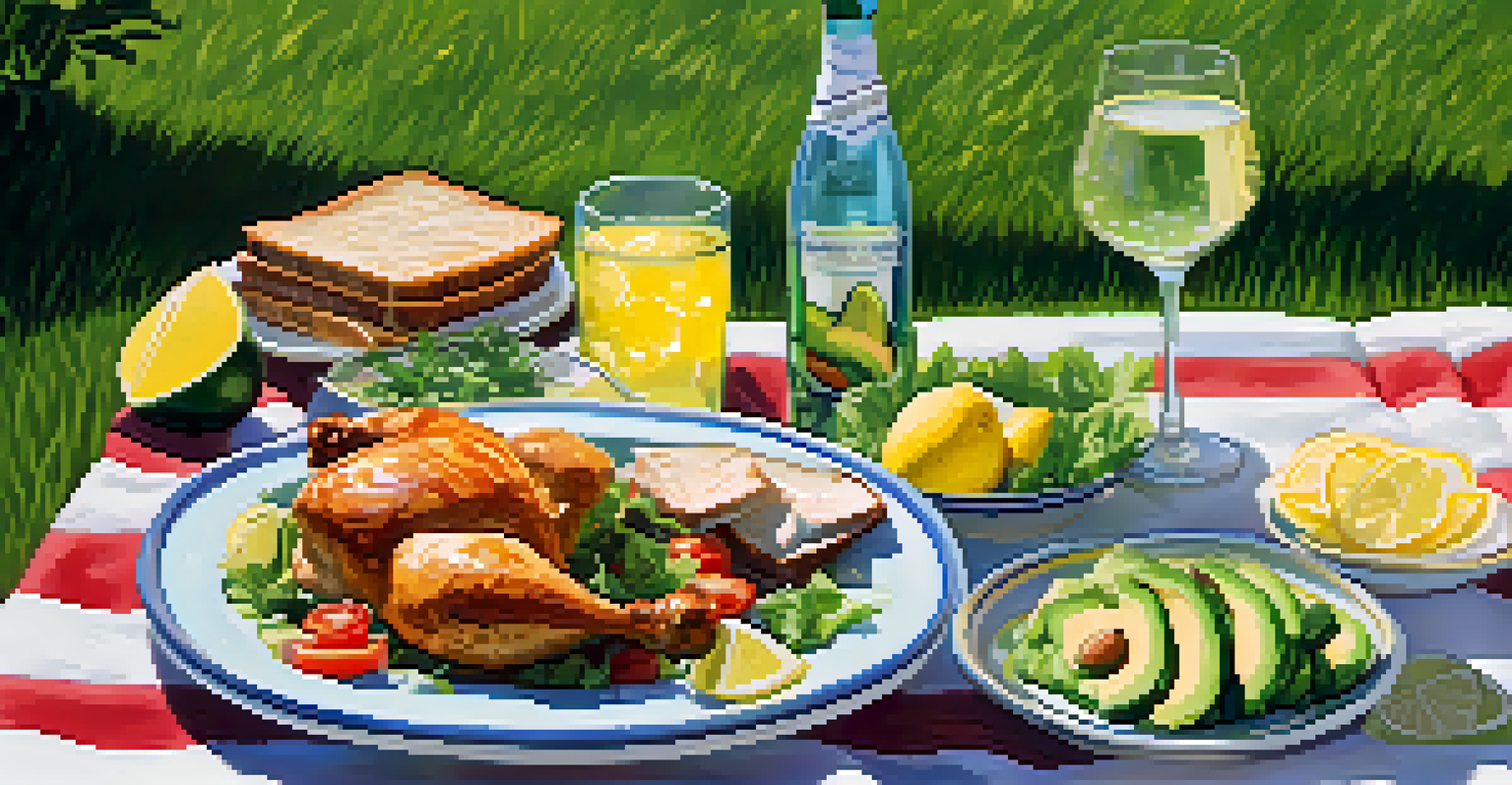 A picnic scene on green grass with a blanket and plates of healthy food, promoting mindful eating.