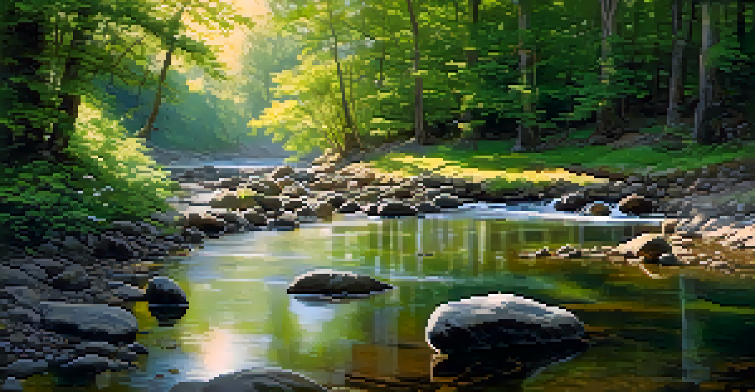 A peaceful forest with sunlight shining through the trees and a stream flowing over stones.