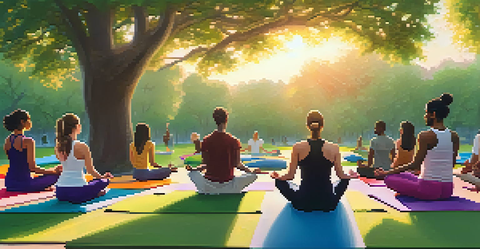A group of people practicing yoga outdoors in a park at sunset, surrounded by greenery and flowers.
