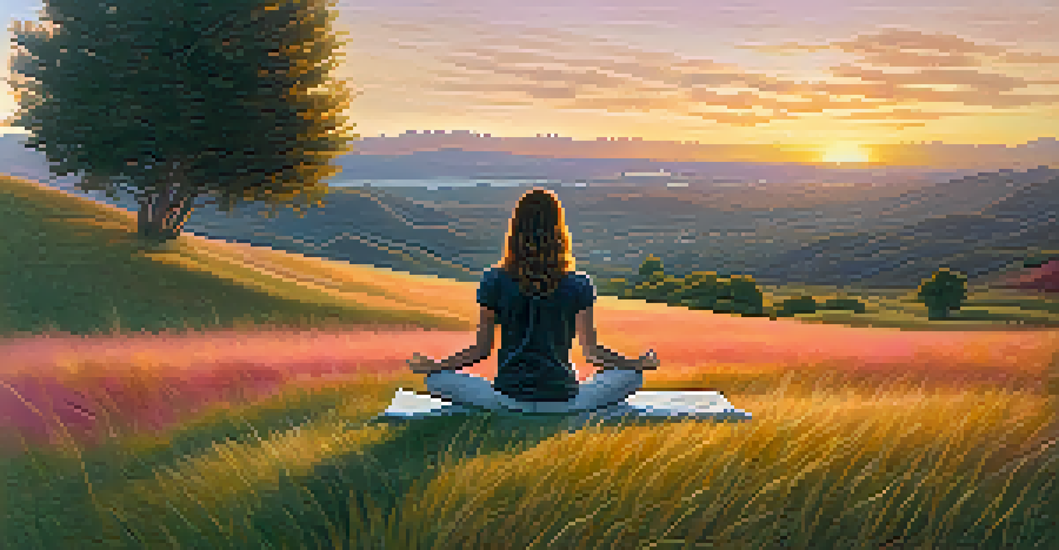 A person practicing mindful breathing on a grassy hill during sunset, surrounded by nature's beauty.