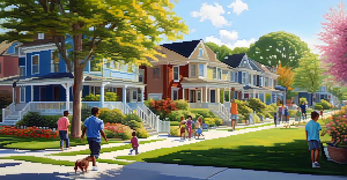 A vibrant neighborhood with families enjoying their surroundings, children playing, and well-kept homes.