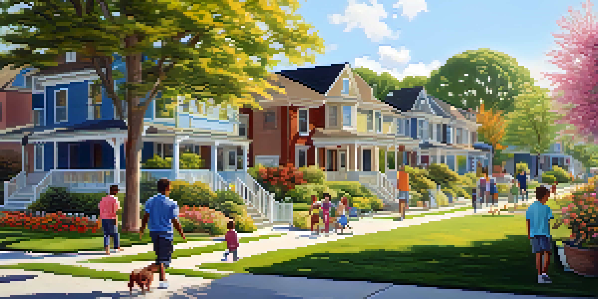 A vibrant neighborhood with families enjoying their surroundings, children playing, and well-kept homes.