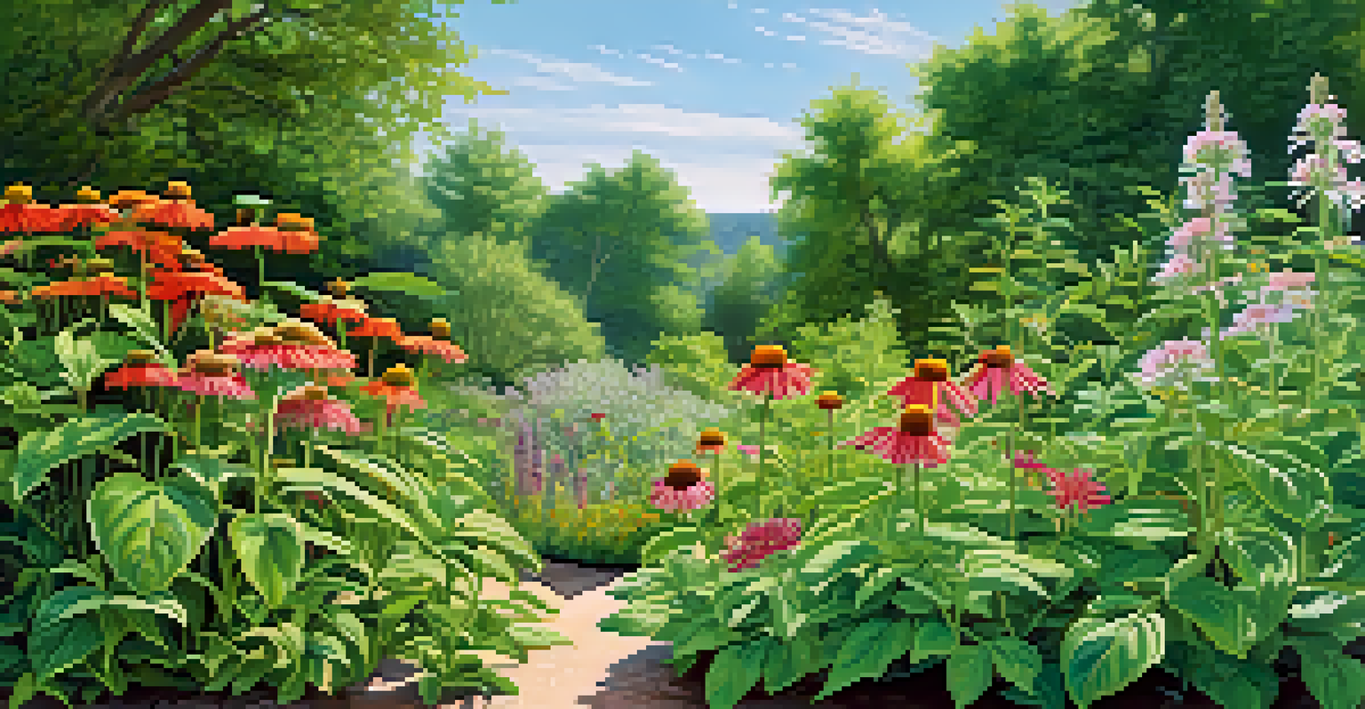 A vibrant herbal garden filled with various herbs, lush green plants, and colorful flowers under a clear blue sky.