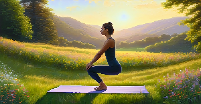 A woman practicing yoga in a green park during sunrise, surrounded by wildflowers and gentle hills.