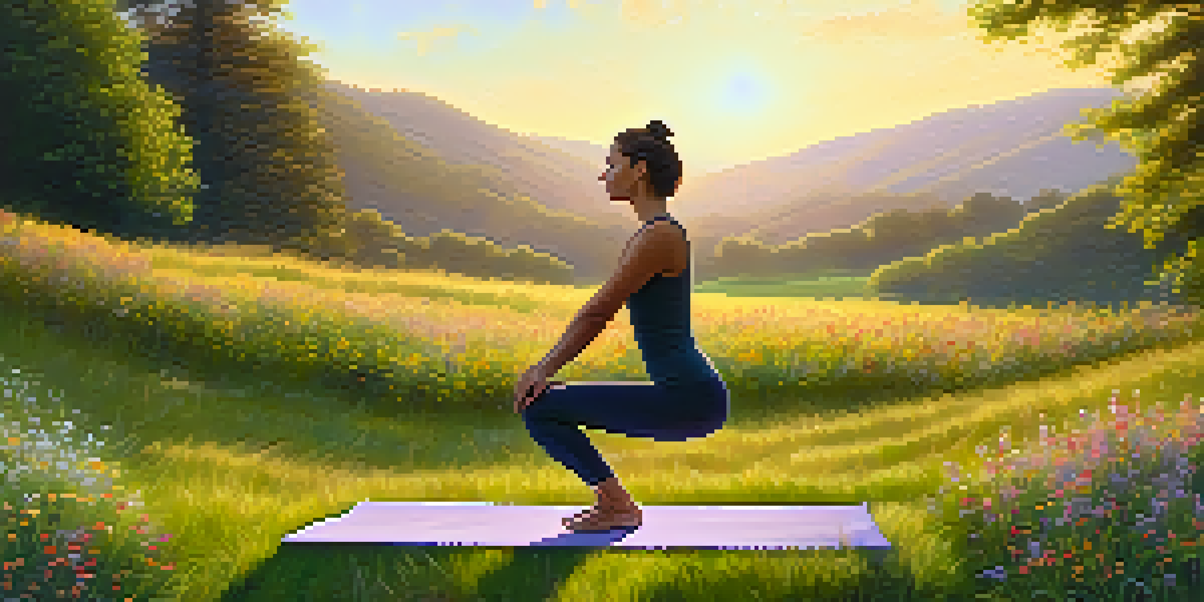 A woman practicing yoga in a green park during sunrise, surrounded by wildflowers and gentle hills.