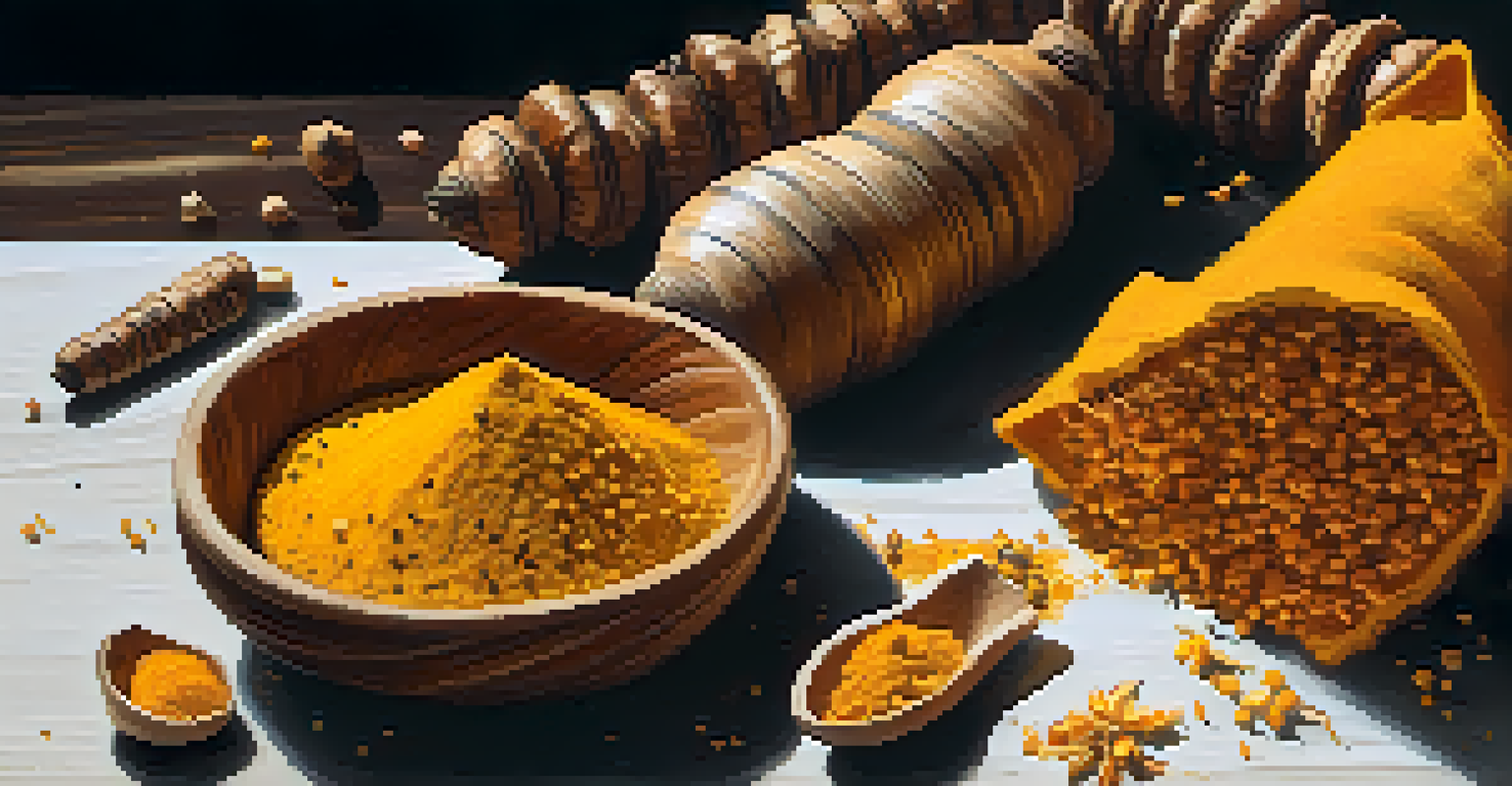 A close-up of turmeric powder in a wooden bowl, with fresh turmeric roots and black peppercorns, showcasing vibrant colors and textures.