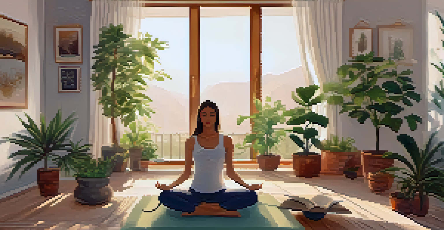 A person doing yoga in a cozy living room filled with plants and cushions, with a journal and herbal tea nearby.