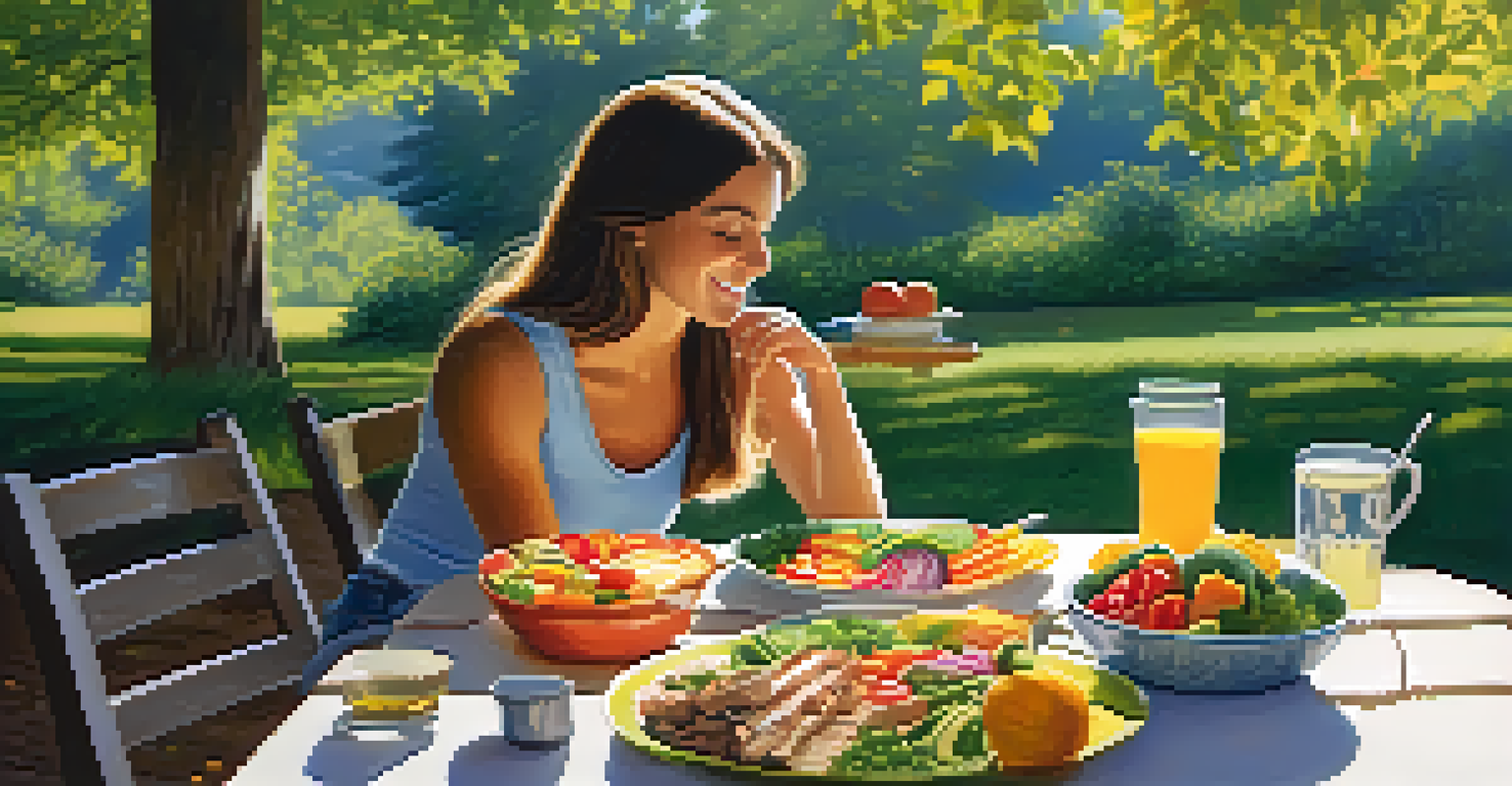 A person enjoying a healthy meal outdoors at a picnic table, surrounded by nature, illustrating the concept of mindful eating.