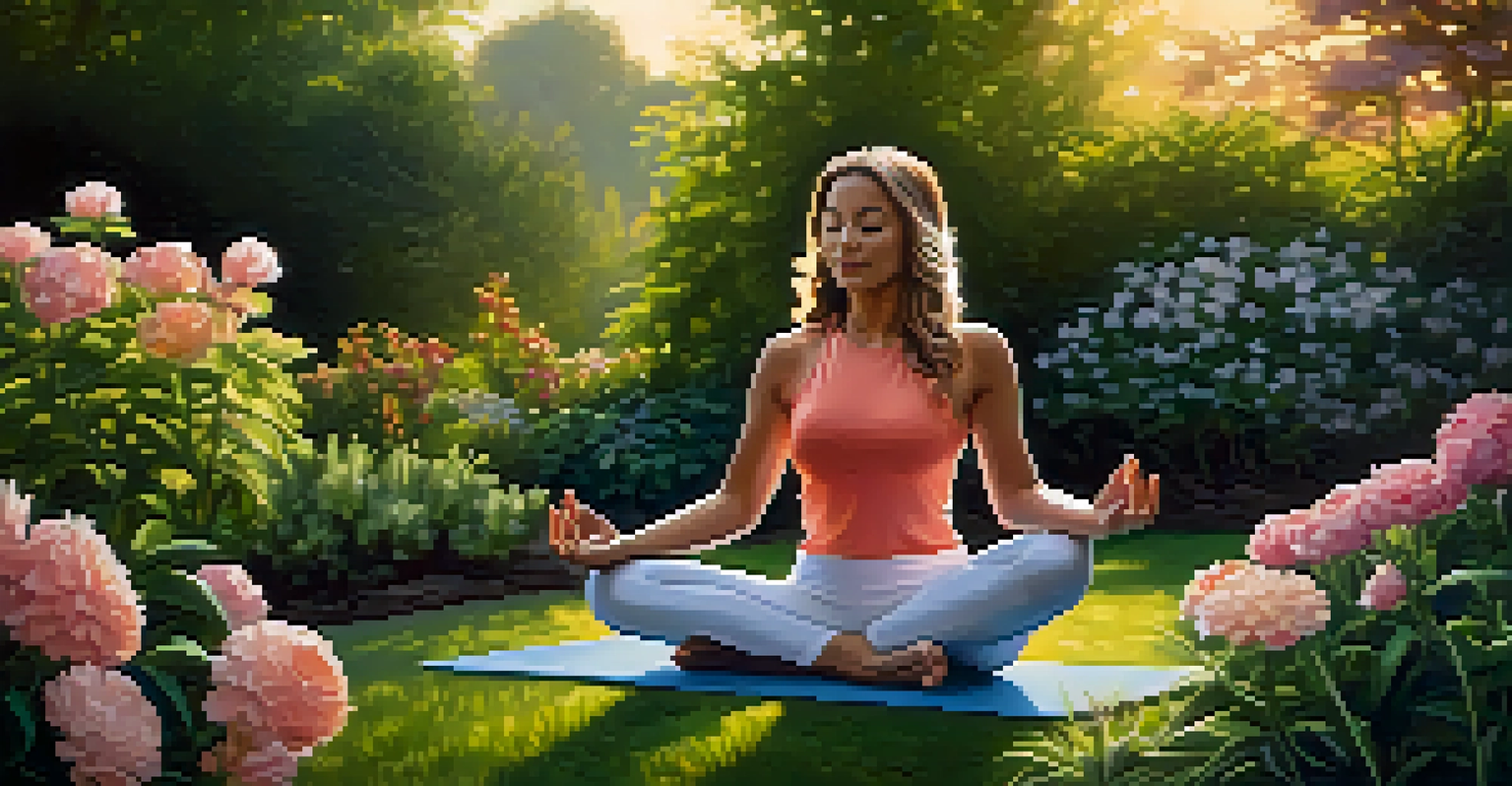 A person practicing yoga in a beautiful garden at sunset, surrounded by flowers and greenery, symbolizing wellness.