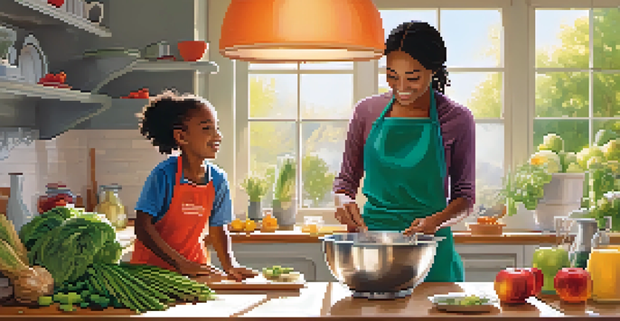 A parent and child joyfully preparing a healthy meal in a colorful kitchen filled with fresh fruits and vegetables.