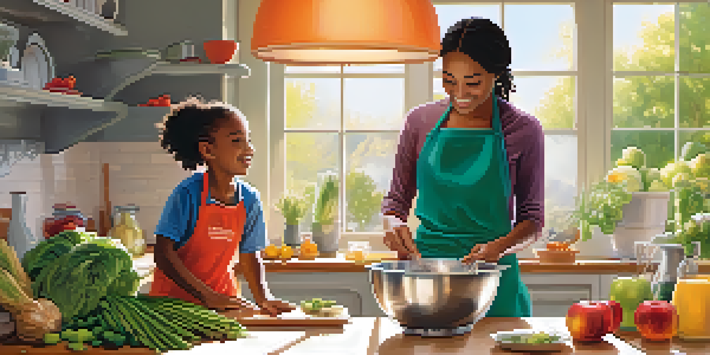 A parent and child joyfully preparing a healthy meal in a colorful kitchen filled with fresh fruits and vegetables.