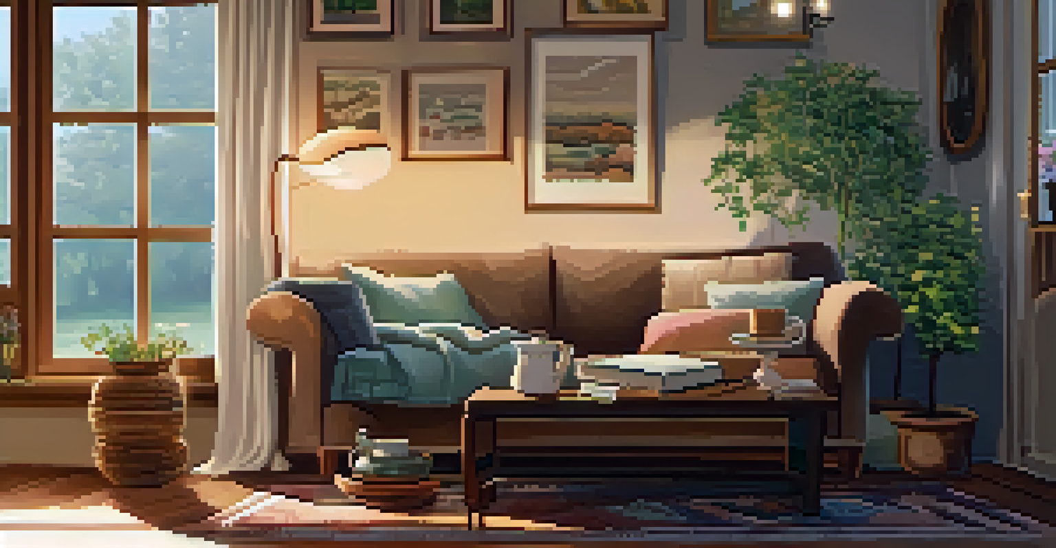 A cozy living room with a person reading a book and sipping herbal tea, surrounded by soft blankets and flowers.