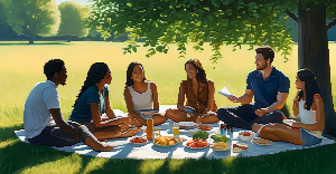 A group of friends sitting in a circle on a grassy field, talking and enjoying a picnic with healthy snacks.