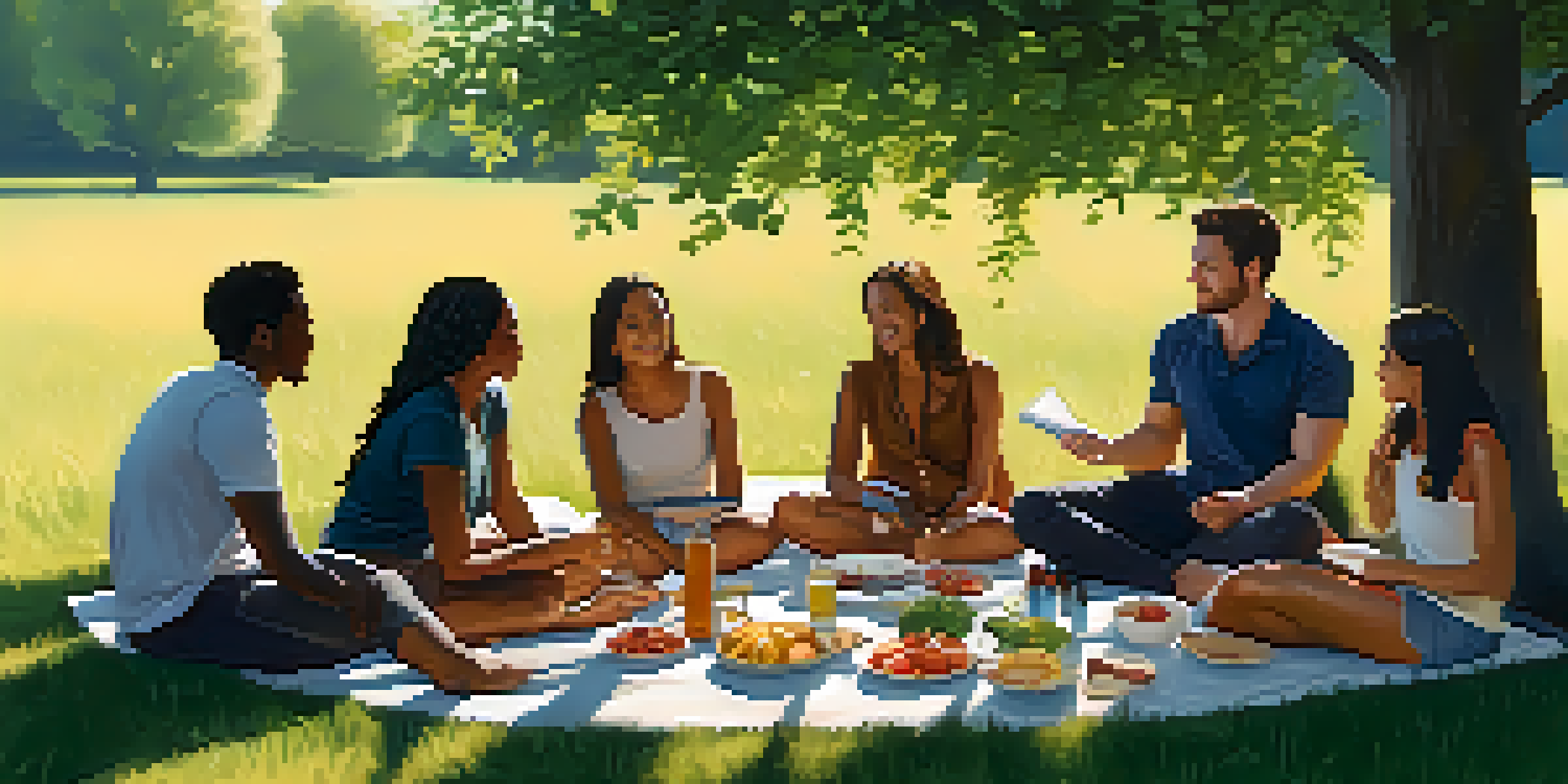 A group of friends sitting in a circle on a grassy field, talking and enjoying a picnic with healthy snacks.