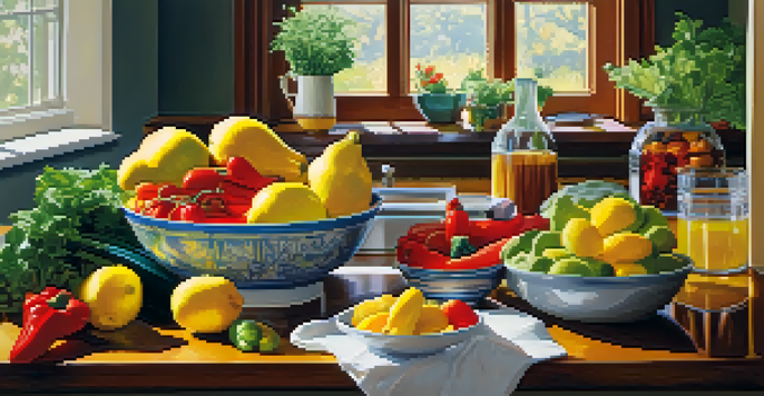 A bright kitchen with a variety of fresh vegetables and fruits on the counter, alongside a glass of infused water, all bathed in sunlight.